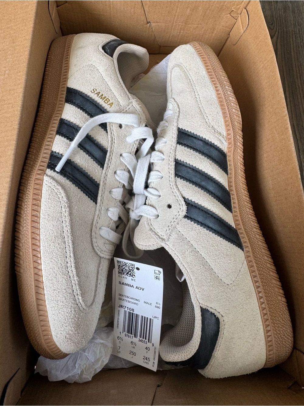 adidas Samba ADV Suede Sneakers in Off-White with Black Stripes and Gum Sole